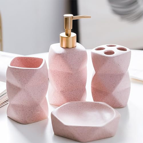 Juego de accesorios de baño, juego de accesorios de baño rosa, desoensor de jabón, soportes para cepillos de dientes, vaso, jabonera, modernos y elegantes organizadores de baño, juego de decoración de