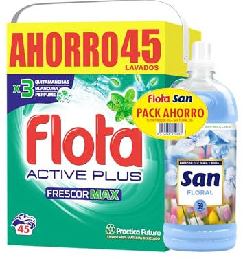 FLOTA | PACK Frescor Max + SAN | Detergente Lavadora en Polvo Frescor Max 45 lavados + Suavizante Ropa Líquido Concentrado 59 Lavados| Ropa Blanca y de Color | Antimanchas y Antiolores