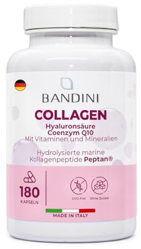 Bandini® Collagène Marin Peptan® + Acide Hyaluronique 180 Gélules, Anti Age pour Peau, Articulations et Cheveux - Vitamine C, Biotine, Zinc, Coenzyme Q10 et Sélénium, 1000mg Collagen Type I Hydrolysé