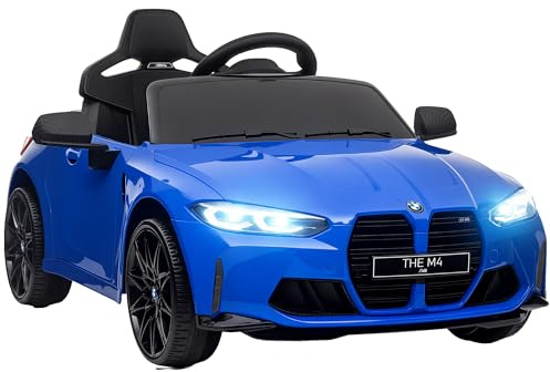 AIYAPLAY Coche Eléctrico para Niños12V BMW M4 Coche de Batería para Niños con Mando a Distancia Faros Bocina Música Velocidad 3-5 km/h Marcha Adelante y Atrás Cinturón de Seguridad Azul