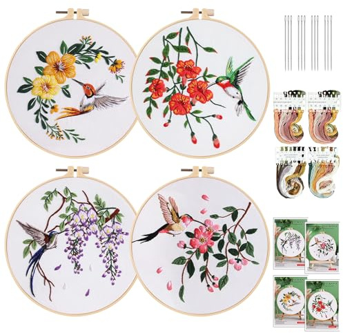 Kit de broderie pour débutants, 4 pièces florales, avec cadre et fils multicolores