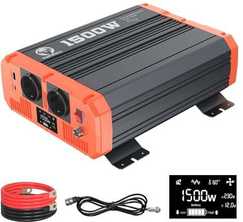 1500W Convertisseur 12V 220V-230V Pur Sinus Transformateur pour Voiture/Caravane/Bateau/Camping/Voyage/Panneau Solaire Onduleur avec télécommande et 1 USB & 1 Type-C Port, 2 AC Prises et écran LCD