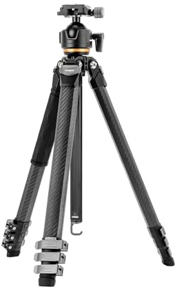 Fotopro Kompakt kolfiberstativ, 152 cm profilben bärbart resestativ, professionellt slitstarkt stativ max belastning 20 kg med superstort kulhuvud väderbeständig väska, Fotopro Origin Plus svart