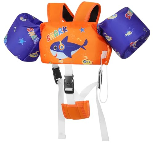 MoKo Gilet de Bain pour Enfants, Brassard de Natation avec Sangle Réglable, Gilet de Natation, Veste de Natation Flottant, Équipement de Natation pour Plage Piscine, Casque d'écoute Orange Bleu Requin