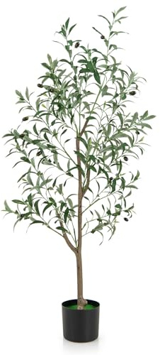 COSTWAY Olivo Artificial, Planta Artificial de 130 cm, Arbol Artificial Interior en Maceta con Frutas Realistas, Árbol Falso, Planta de Verde Interior,Decoración Moderna para Salon Porche