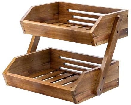 G.a HOMEFAVOR Cesta de Frutas Frutero de 2 Niveles Madera de Acacia, Soporte Para Verduras, Estante Para Aperitivos Y Encimera De Cocina