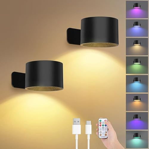 Lightess Rechargeable Wall Lights with Remote, 5000mAh Battery Operated Wall Sconce Set of 2, 19 Colors Dimmable Wall Mount Light, 360° Rotation Cordless Wall Lamps for Bedroom Bedside Hallway, Black