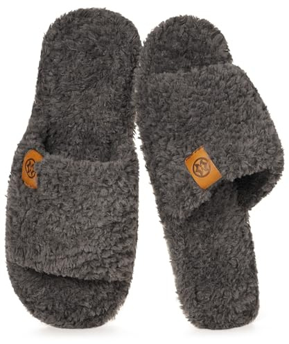 Fuzzy Open Toe Slippers for Women Men Winter Cosy Memory Foam House Slides Shoes Indoor Outdoor,Deep Grey,7/8 UK