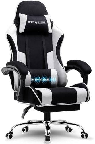 GTPLAYER Silla de Juegos, Silla de Oficina, Silla ergonómica para PC, sillón para Gaming con Soporte de Columna Vertebral de Masaje, sillas de Trabajo con reposapiés y reposacabezas, Tela Blanca
