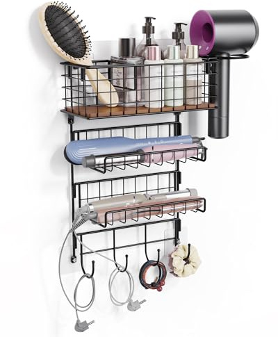 2-Tier Hair Tool Organizer Wall Mounted, Holds 2 Curling Irons Per Shelf, Heat-Resistant|Storage Basket for Hair Tools, Adhesive/Screw Mount for Hair Dryer & Straightener in Bathroom,Black with Hook