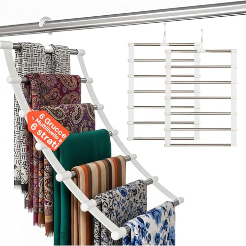 Avilia Grucce Salvaspazio Set 6 – Appendiabiti Salvaspazio 6 Livelli in Acciaio, Porta Pantaloni Antipiega con Sistema a Rullo, Grucce per Pantaloni Camicie Sciarpe, Portata 3 kg
