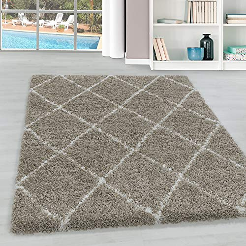 Teppium Shaggy Tappeto per Soggiorno e Camera da Letto Scandinavo Design a Rombi Beige e Bianco 300x400 (280 x 370 cm) - Tappeto a Pelo Alto per Soggiorno Extra Morbido di Facile Manutenzione
