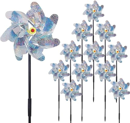 HIQE-FL Vogelabwehr Reflektierende,12 Stück Windräder Vogelabwehr,Vogelschreck Windrad,Windräder Vogelabwehr Balkon,Vogelschreck Windrad Edelstahl,Reflektierende Windmühle