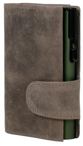 ClickSafe® Kreditkartenetui mit Münzfach und Geldscheinfach aus grauem Hunterleder mit grünem Aluminium Tresor und RFID Schutz (Kartenetui, Kartenhalter, Slim Wallet)