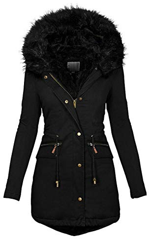 Abrigo de invierno para mujer con pelo, longitud media, cálido, parka de invierno, monocolor, chaqueta de forro polar entallada, elegante chaqueta acolchada de entretiempo, Negro , M