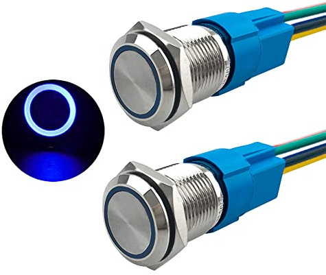 Aiqeer 2 stycken 16 mm tillfällig tryckbrytare, 12 V/24 V 5 A automatisk tändning startbrytare, IP67 vattentät tryckbrytare i rostfritt stål, med förkopplat uttag (blå LED)