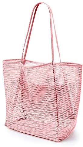 KALIDI Mesh tygväska, 23 L strandväska extra stor tygväska för kvinnor med dragkedja ficka axelväska sommar strandväskor återanvändbar shoppingväska för picknick semester resor livsmedel, Rosa, Large
