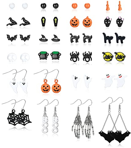 LOLIAS 24 Paires Boucles D'oreilles Halloween Chauve-souris Chat Araignée Citrouille Sorcière Pour Femme Toile D'araignée Citrouille Boo Fantôme Tête Mort Boucles D'oreilles Bijoux Halloween