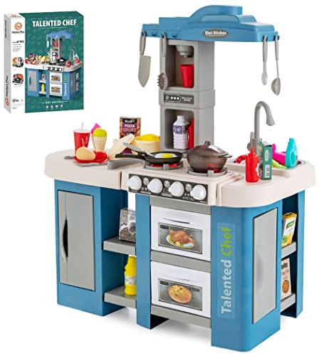 COSTWAY Kids Kitchen Playset, Toddler Pretend Play Toy Set with 67 Pcs Accessories, Realistic Lights & Sounds, Sink, Steam Spray Simulation, Indoor Cooking Play Kitchen for Children (Blue)