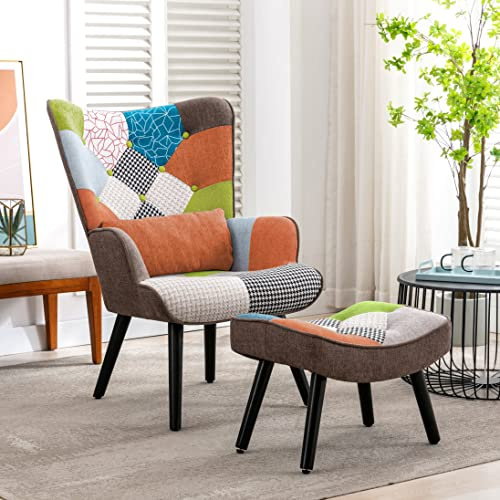 HomeMiYN Patchwork Armchair Chair with Footstool and Pillow Wooden Orange | Fabric Upholstered High Back Single Sofa Accent Lounge Chairs for Reading Living Room Bedroom