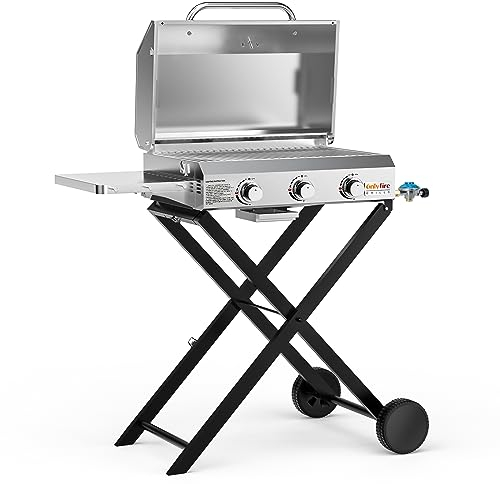 Onlyfire 3-Burner Portable Gas BBQ, Outdoor Gas Barbecue Grill 7KW Power with 22 Cooking Grate, Thermometer, Side Table Shelf & Foldable Trolley, Stainless Steel