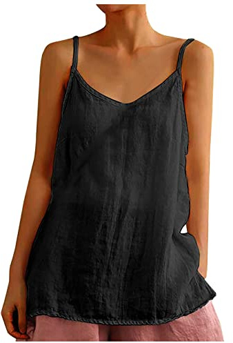 HAOLEI Women's Black Solid Linen Camisole Tops, UK Size XXL, V-Neck, Sleeveless, Loose Fit, Sizes 8-14