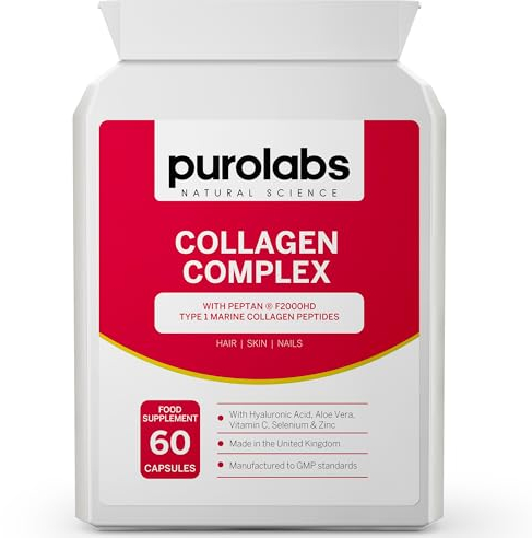 Purolabs Marine Collagen Complex - Collagen Supplement for Women & Men - with Hyaluronic Acid & Vitamin C - High Strength Type 1 Hydrolyzed Collagen Peptides - 60 Capsules - Skin, Hair & Nails