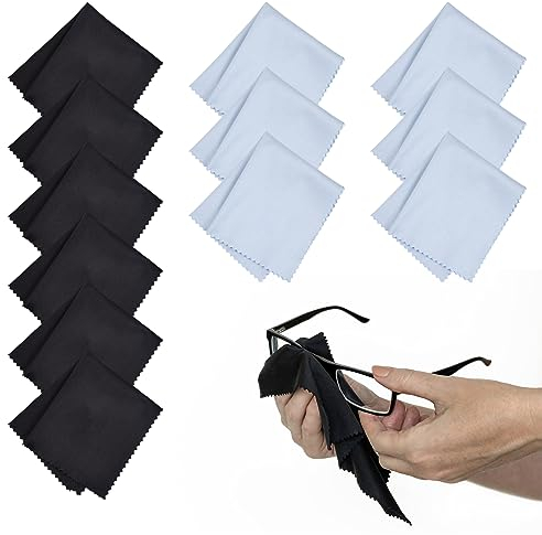 Wisebom Brillenputztücher 12 Stück Brillenputztücher Mikrofasertücher Brille Antibeschlagtuch Fusselfreie Brillenputztücher Mikrofaser für Brillen Kameras Bildschirme Tabletten, 15x18cm(Schwarz+Blau)