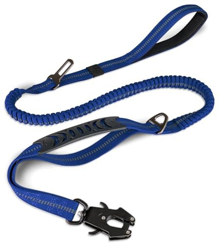 Joytale Laisse Tactique, 1.2m-1.8m Bungee Laisse de Chien réfléchissante avec 2 poignées rembourrées, Ceinture de sécurité de Voiture pour Les Chiens de Taille Moyenne, Grande, X-Grand, Bleu Marine