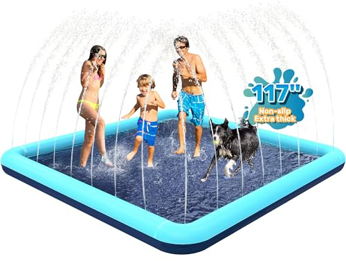 Bilibara 117'' Splash Pad for Dogs, Non-Slip Sprinkler for Kids, Square Splash Pad for Kids Ages 4-8, Splash Pads for Toddlers 1-3, Dog Sprinkler Shallow Pool, Outdoor Water Toys for Backyard, Teal