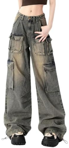Hugboom Baggy Cargo Pants for Women Girls Retro Low Rise Wide Leg Jeans Y2k Hip Hop Streetwear Grunge Clothes Blue(M)