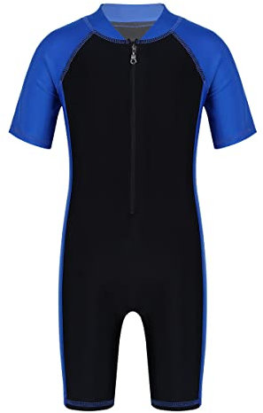 Xnihocha Neoprenanzug Unisex Kinder Shorty Badeanzug Einteiler Tauchanzug Kurze Ärmel Schwimmanzug UV-Schutz 50+ Bademode Sommer Swimsuit Blau Schwarz 170-176