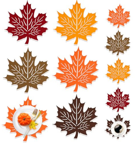 HOWAF 5 Pack Autumn Leaf Table Mats and Coasters, Thanksgiving Fall Decorations Felt Non-Slip Maple Leaves Orange Coasters