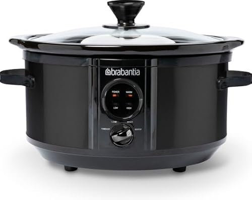 Brabantia Olla de cocción lenta de 3,5 L de acero inoxidable negro, 3 niveles de calor, función de conservación de calor y apta para lavavajillas, BBEK1081MB