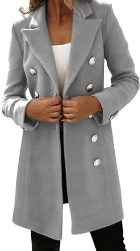 IQYU Ulljacka dam övergångsjacka vinter – damkappa vinter ullrock beige elegant trenchcoat smal passform lång blazer med knappslå vinterjacka ullrock traditionell jacka damjackor kort kappa, GRÅ, L
