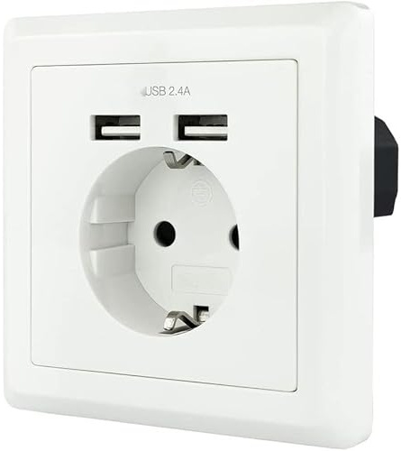 Base de enchufe schuko con 2 tomas USB (max. 2.4A) en color blanco para cargar dispositivos eléctricos y electrónicos en casa o oficina.
