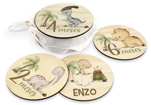 DEHOME - Placas Cumplemes Personalizadas con Nombre - Tarjetas Hito Bebé Madera Pino Natural 4mm - Impresión Directa sobre la madera - Regalo para Recién Nacido Hecho en España (Dino, Español)