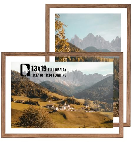 DLQuarts 13x19 Floating Picture Frame for 11x17/11x14 Photos, 2-Pack Solid Wood Double Plexiglass Wall Art Frames, Any Size Photo up to 13x19 Display, Carbonized Wood