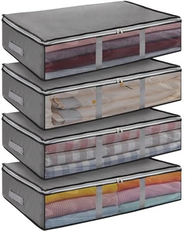 JF HOME BLISS 4 Pack 38 L Under‑Bed Storage Boxes with Lids & Clear Windows – Foldable Underbed Organiser & Clothes Storage Bags with Lid for Bedding & Clothing(59×45×14.5cm)