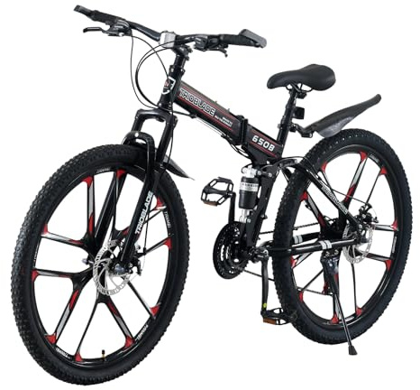 BSTSEL 27.5 inch Folding Mountain Bike 21 Speed Front Suspension Mountain Bike Double Disc Brake Bicycle 3-Spoke 10-Spoke Wheels for Unisex Adult Mens Bike (10-Spoke Wheel, Black&Red)