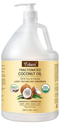 Yoken USDA Organic Fractionated Coconut Oil, 1 Gallon (128 Fl Oz), Liquid Coconut Oil for Massage & Bulk Use, Professional Body & Carrier Oil, Unscented, Hexane Free