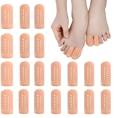Gel Finger Cots 20 Pcs with Air Holes, Silicone Finger Protectors & Thumb Guards for Wounds, Cracking, Arthritis & Trigger Finger Pain Relief, Reusable Finger Covers & Sleeves in Nude