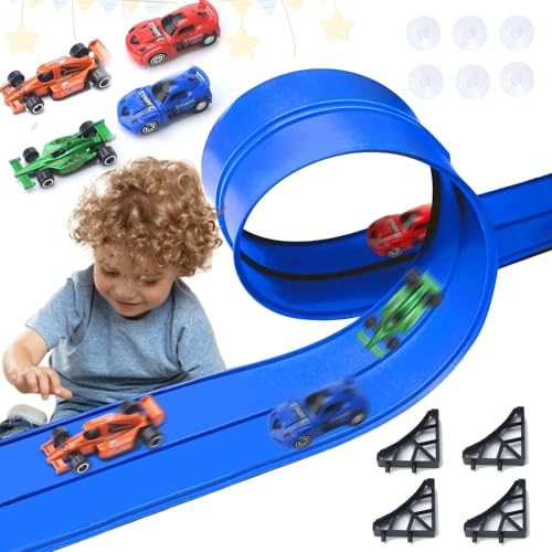 Yozexin 5M Car Track Includes 4 Cars：Flexible Race Track Speed Track Compatible with Hot Wheels Track, Portable Dual Hot Wheels Racetrack with Jumps, Loops & Ramps, Gifts for Boys Girls Kids 4 5 6 7 8