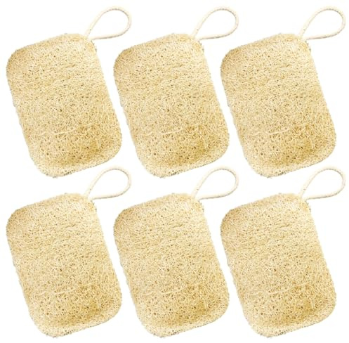 VAEIORP Set med 6 naturliga luffasvampar kvadratisk – tvålskål/disksvamp för dusch/badrum/kök/bänkskiva (7 × 10 cm)