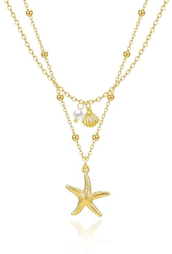 WATEFOER Collana Stella Marina Conchiglia per Donna, Collana con Ciondolo Conchiglia Perla Multistrato Boho Placcata Oro 14K, Regali Gioielli Vacanze Estive al Mare
