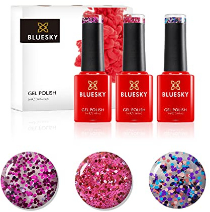 Bluesky Gel Nail Polish Set, Glitters, Cuba SUM1918, Rio de Janeiro SUM1917, Ibiza SUM1916, 3 x 5 ml, Pink, Blue, Purple (Requires Curing Under UV or LED Lamp)