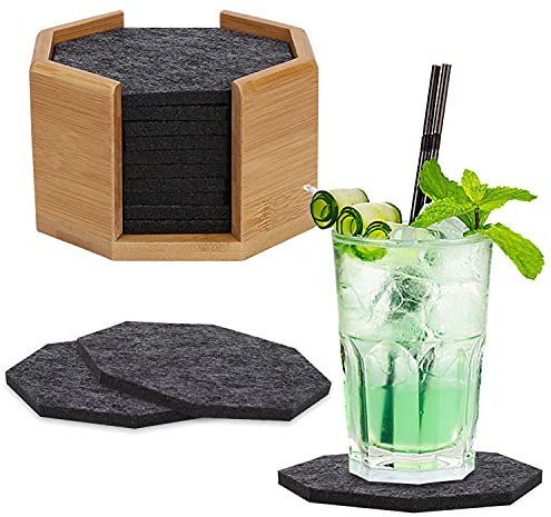 VVTB Lot de 10 dessous de verre hexagonaux en feutre avec boîte en bambou – Extra imperméables et anti-taches, en anthracite, pour bouteilles de boissons, tasses, bar, verre – Décoration de table