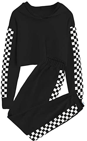 Aislor Completo Sportivo Bambina Jogging Corsa Ciclismo Fitness Completini Coordinai Casual Abito Primaverile Ragazze Felpa con Cappuccio + Pantaloni Lunghi Pullover Nero 13-14 anni