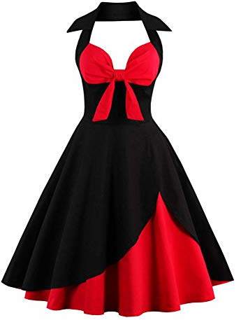 Femmes Vintage Retro Robe Trapèze Rockabilly Fleurs Années 1950 50 60 Audrey Hepburn Style Dos Nu Encolure Coeur Robe de Cocktail Soirée Fête L'été Casual Habillée Robes Noir+Rouge L