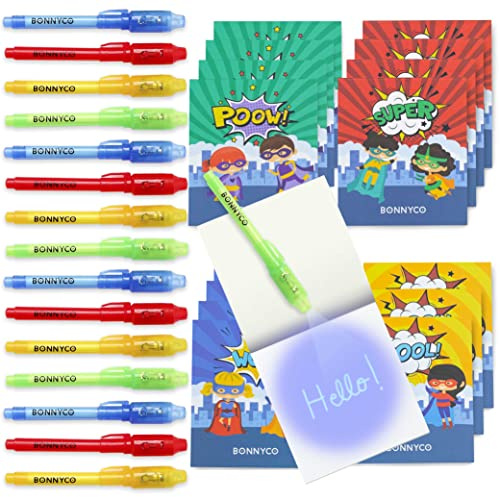 BONNYCO Boligrafo Tinta Invisible y Libreta de Superheroes, Pack de 16 Regalos Cumpleaños Niños Colegio. Detalles Cumpleaños Niños, Relleno Piñata. Regalos Alumnos Primaria, Fiesta Infantil